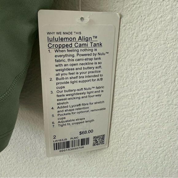 NWT Lululemon Align Cropped Cami Tank Palm Court Size 2 - Picture 6 of 7